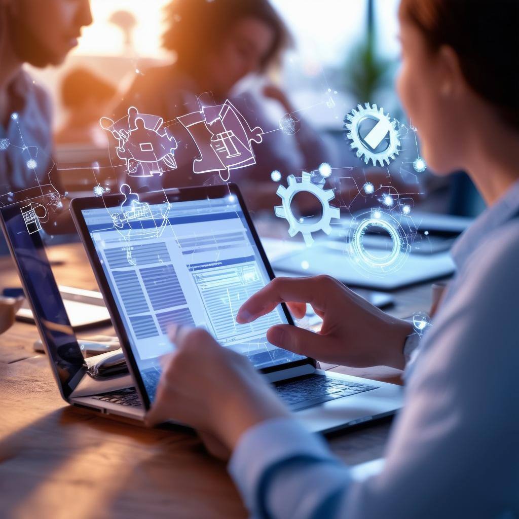 A collaborative office setting with diverse professionals interacting with technology