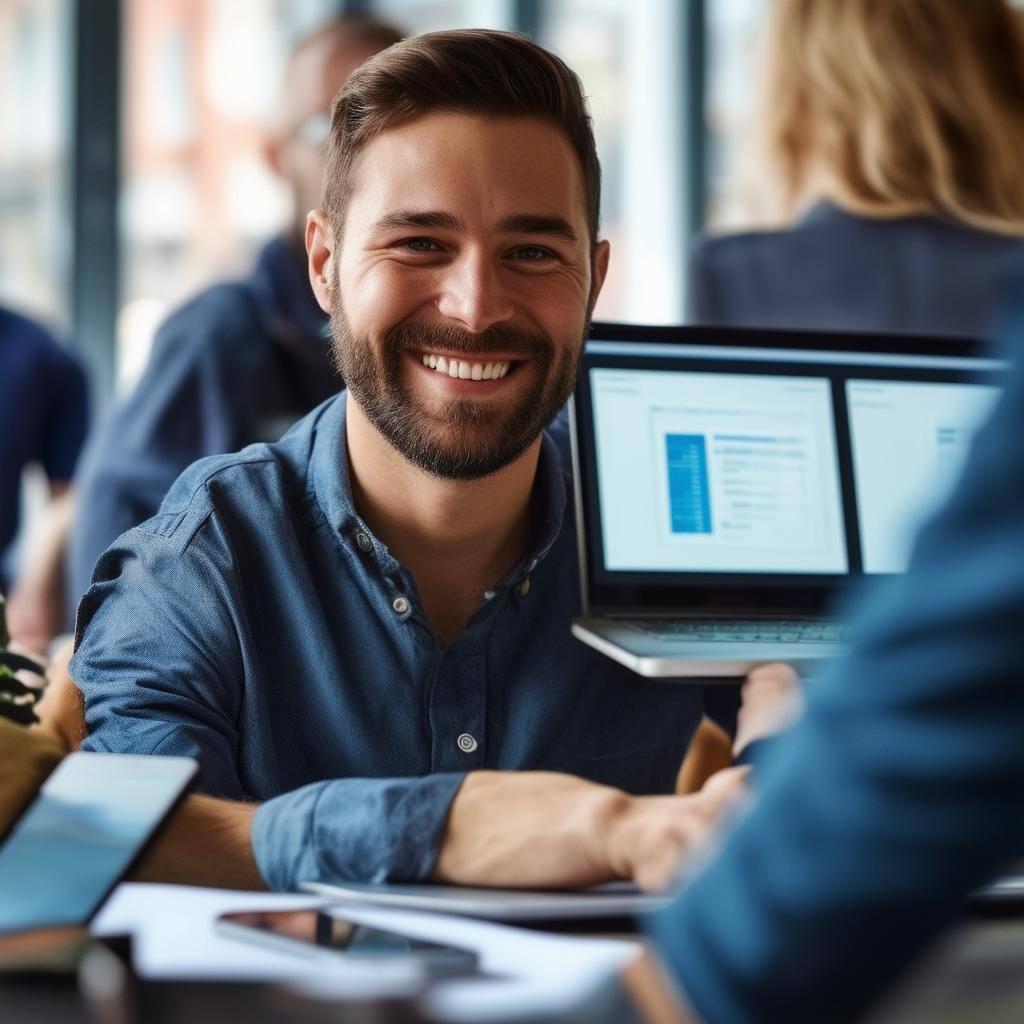 A professional workspace featuring a person smiling while effortlessly navigating a nocode platform on a laptop-1