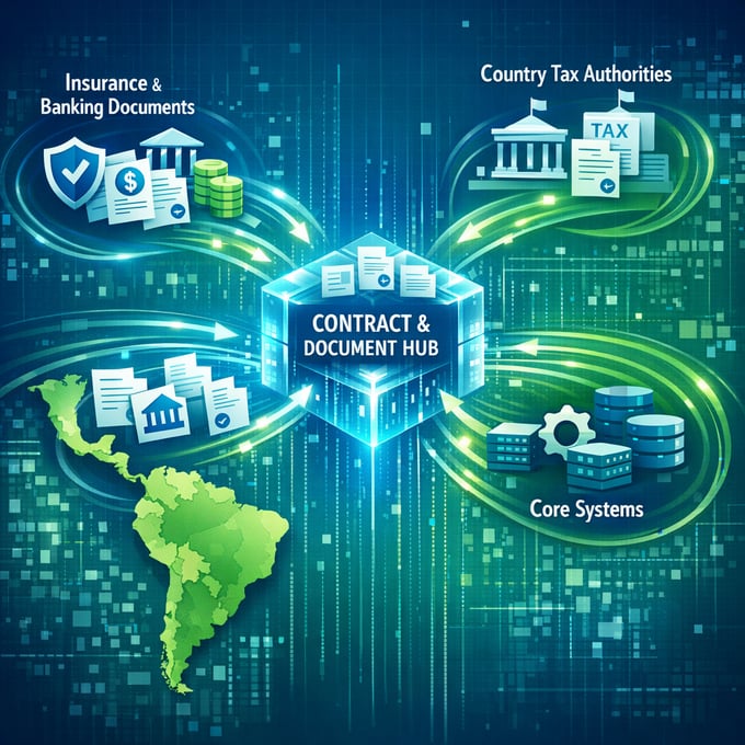 Abstract network diagram showing Latin American financial documents flowing through a centralized contract and document hub connected to tax authorities and core systems