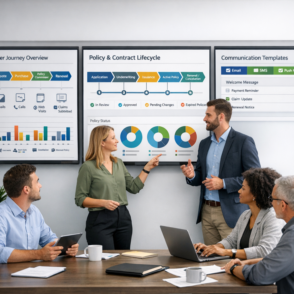 Insurance operations team collaborating in front of digital dashboards showing unified customer journeys, contract lifecycles, and communication templates